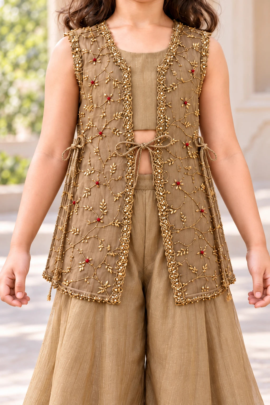 Gold floral vine thread work, small red accents, lace edging and jacket tie-ups