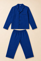 Classic dark blue piped kids night suit with shirt and trousers