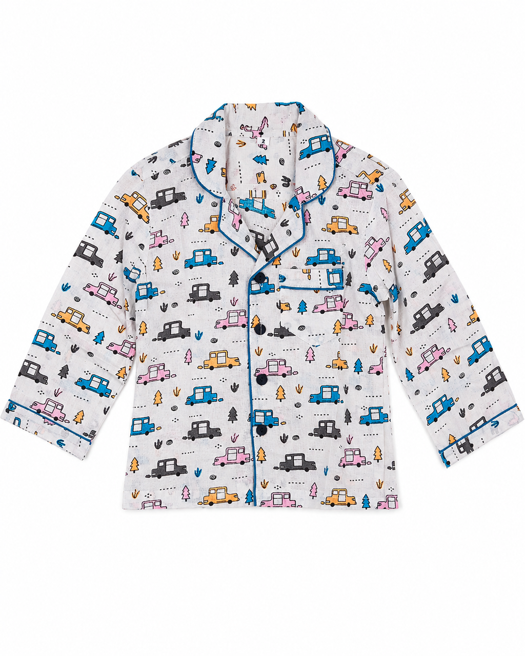 Car print pajama shirt with blue piping by Miniminks