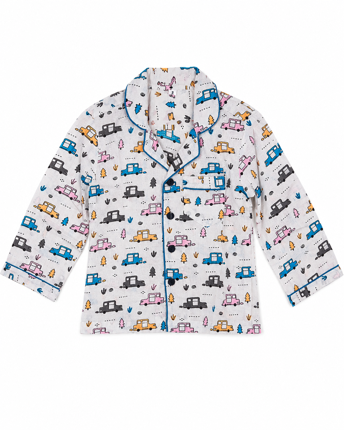 Car print pajama shirt with blue piping by Miniminks