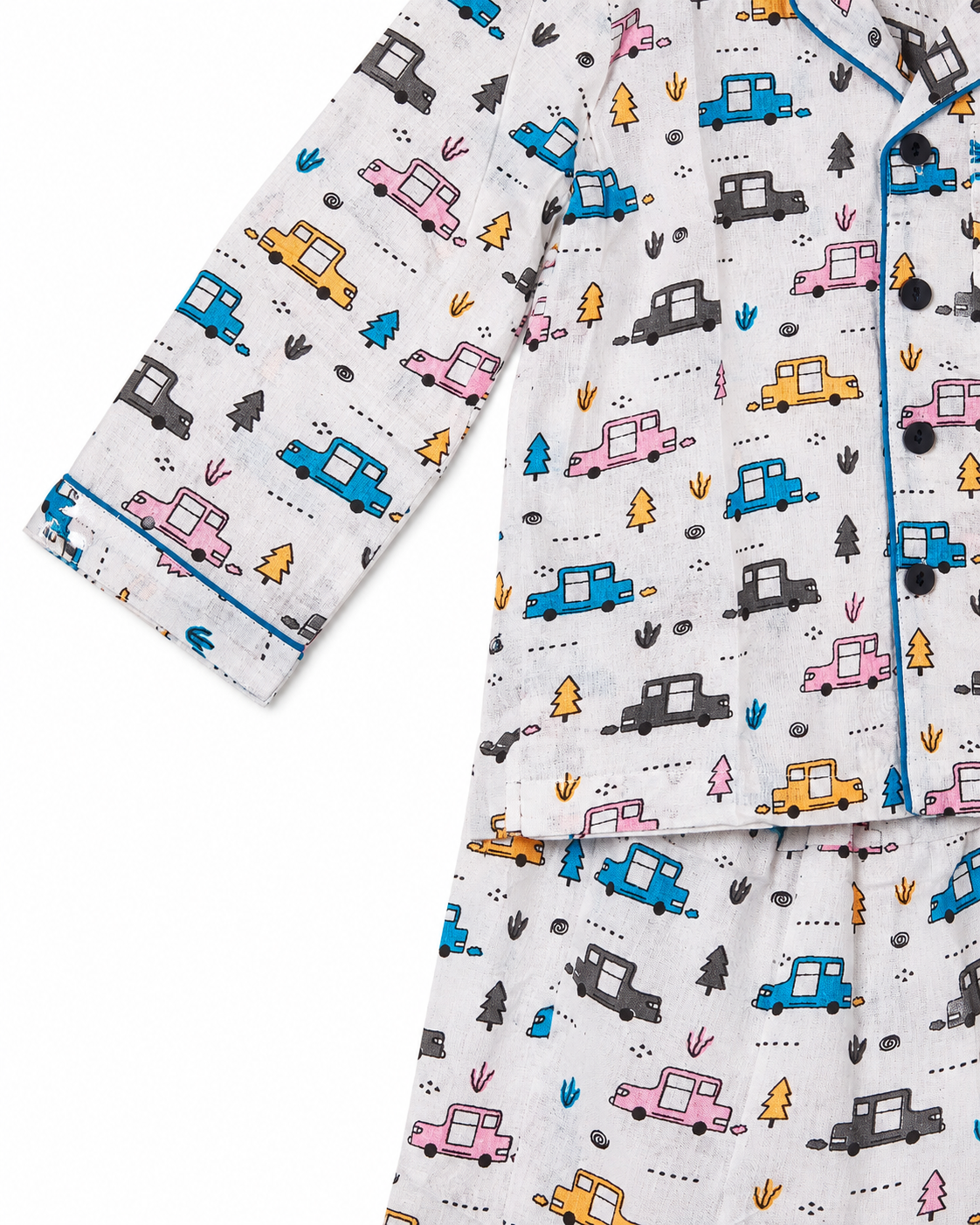 Children's pajama set with car pattern on a white background