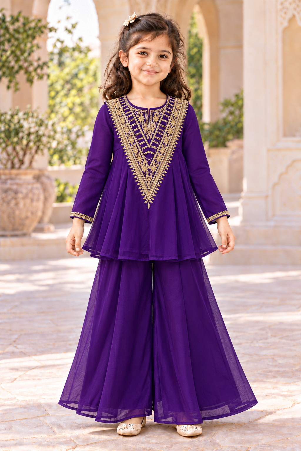 Girl wearing a deep purple organza flared top and matching palazzo trousers, front view