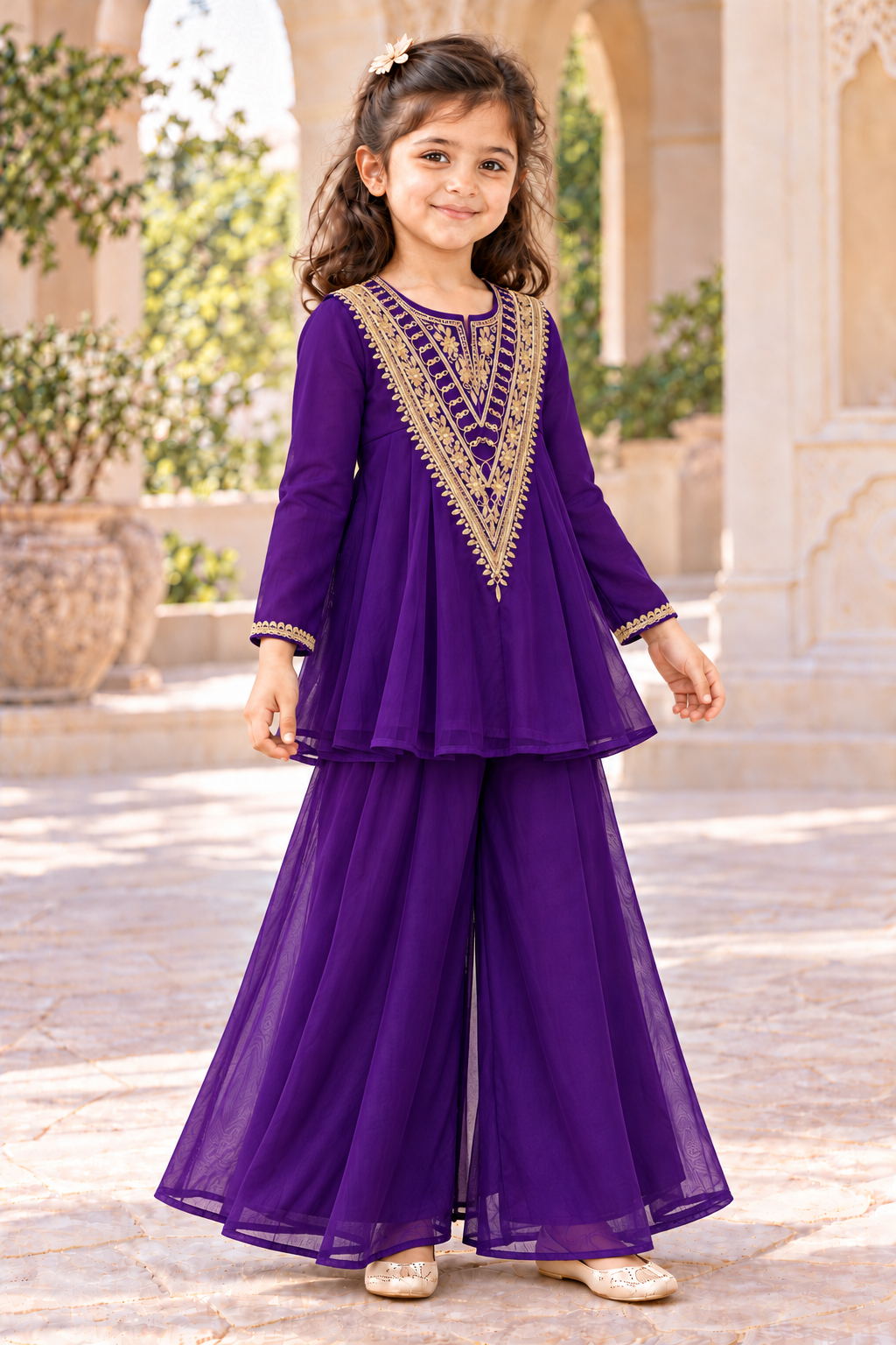 Three-quarter view of the purple flared top with gold-coloured thread work and wide palazzos