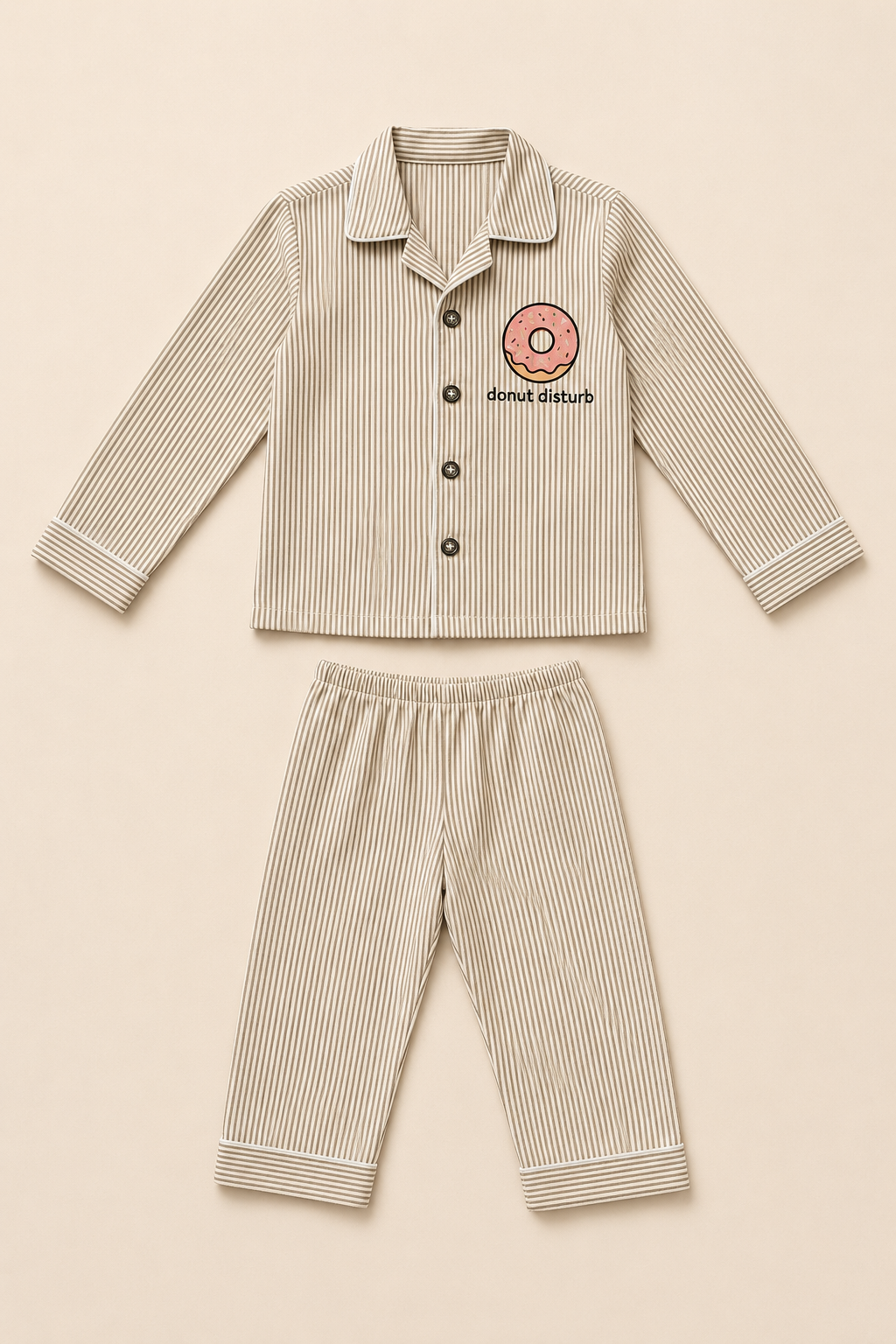 Donut Disturb striped kids night suit with shirt and trousers
