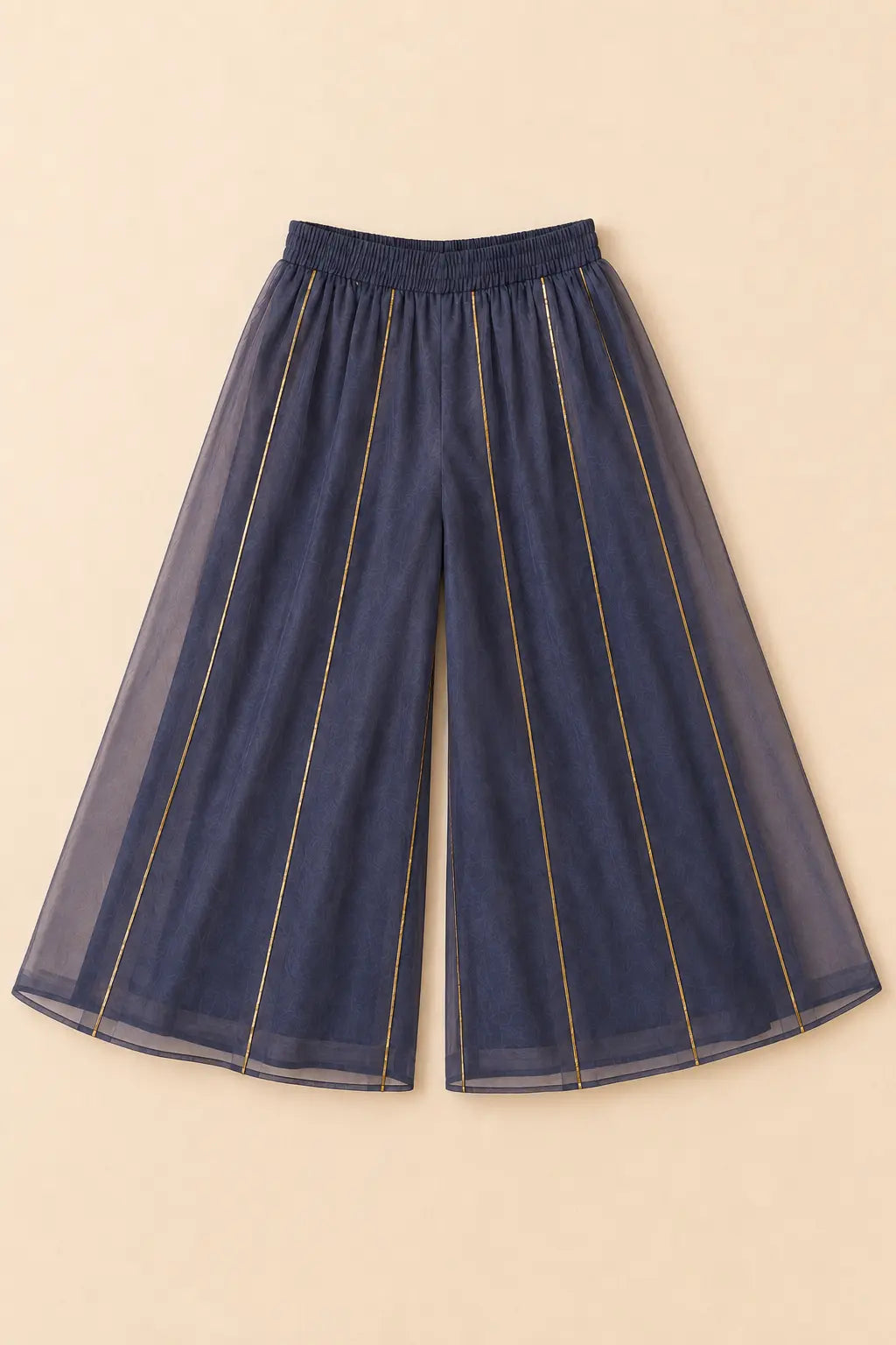 Dusty navy tissue sharara with elastic waistband, front view