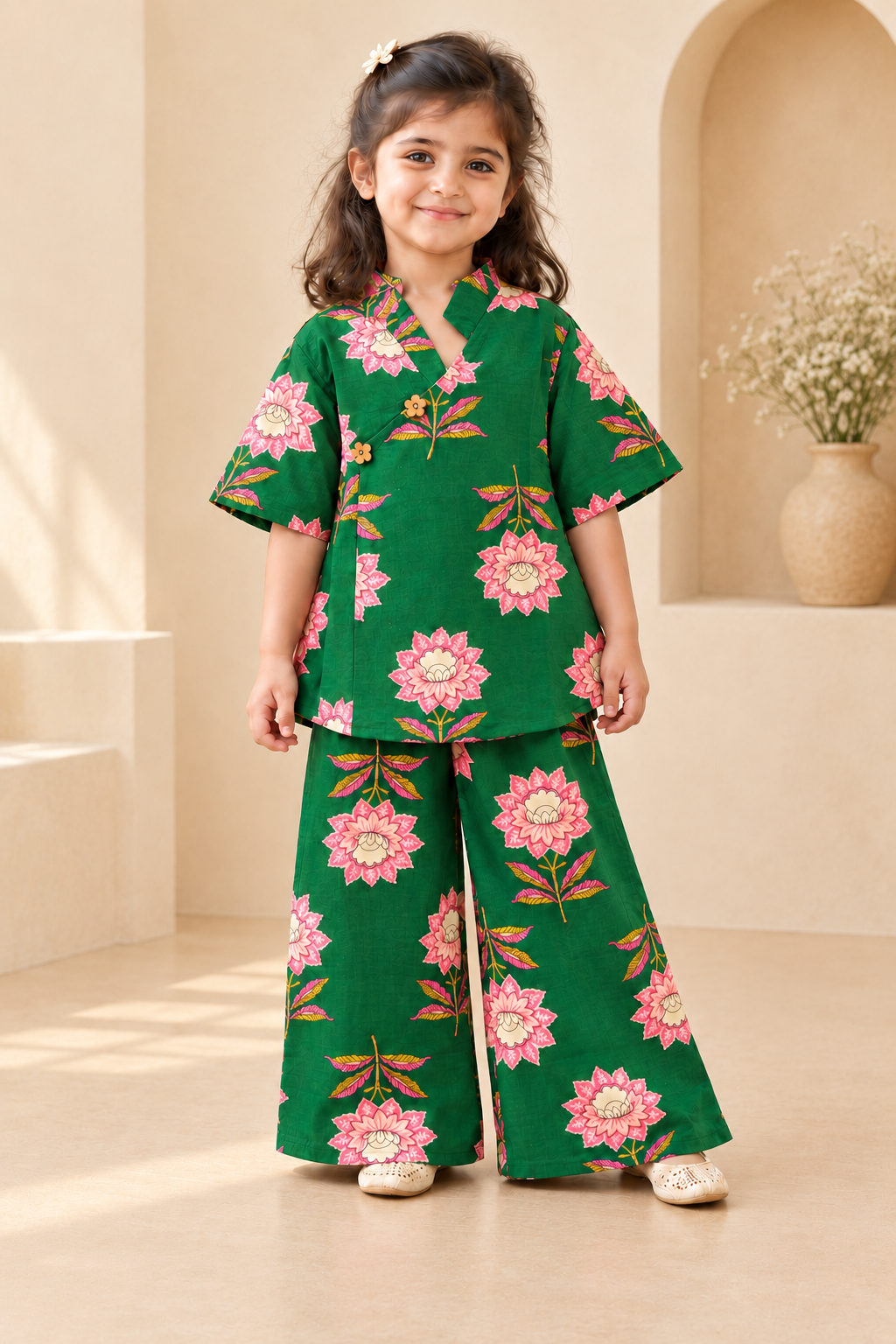 Emerald Green Floral Angrakha Palazzo Set for Girls — front hero