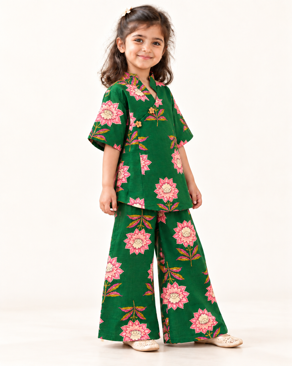 Emerald Green Floral Angrakha Palazzo Set for Girls — three-quarter view