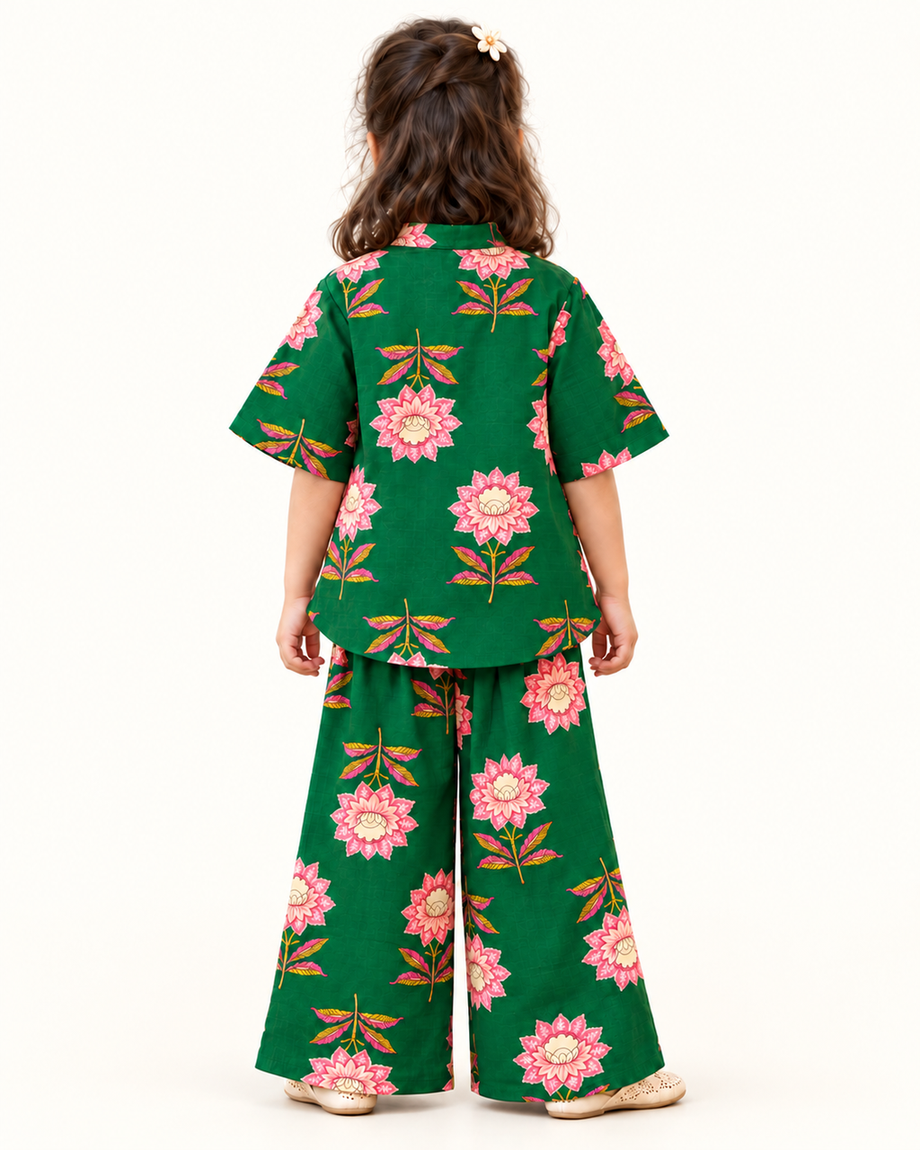 Emerald Green Floral Angrakha Palazzo Set for Girls — back model view