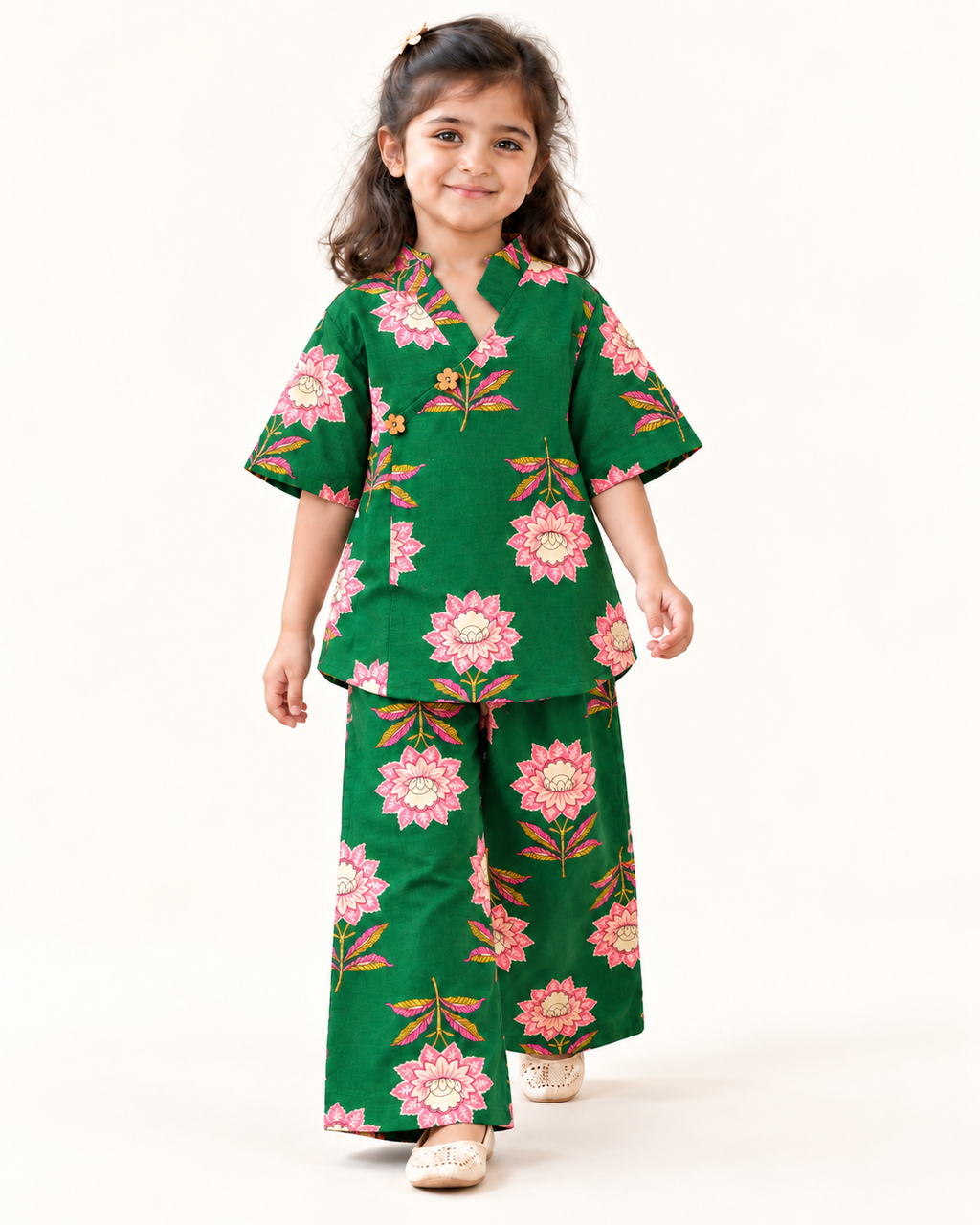 Emerald Green Floral Angrakha Palazzo Set for Girls — walking view