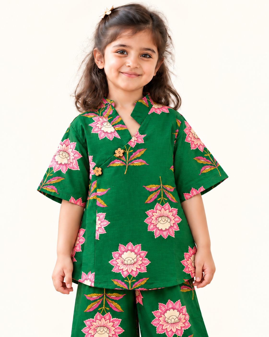 Emerald Green Floral Angrakha Palazzo Set for Girls — neckline and top detail