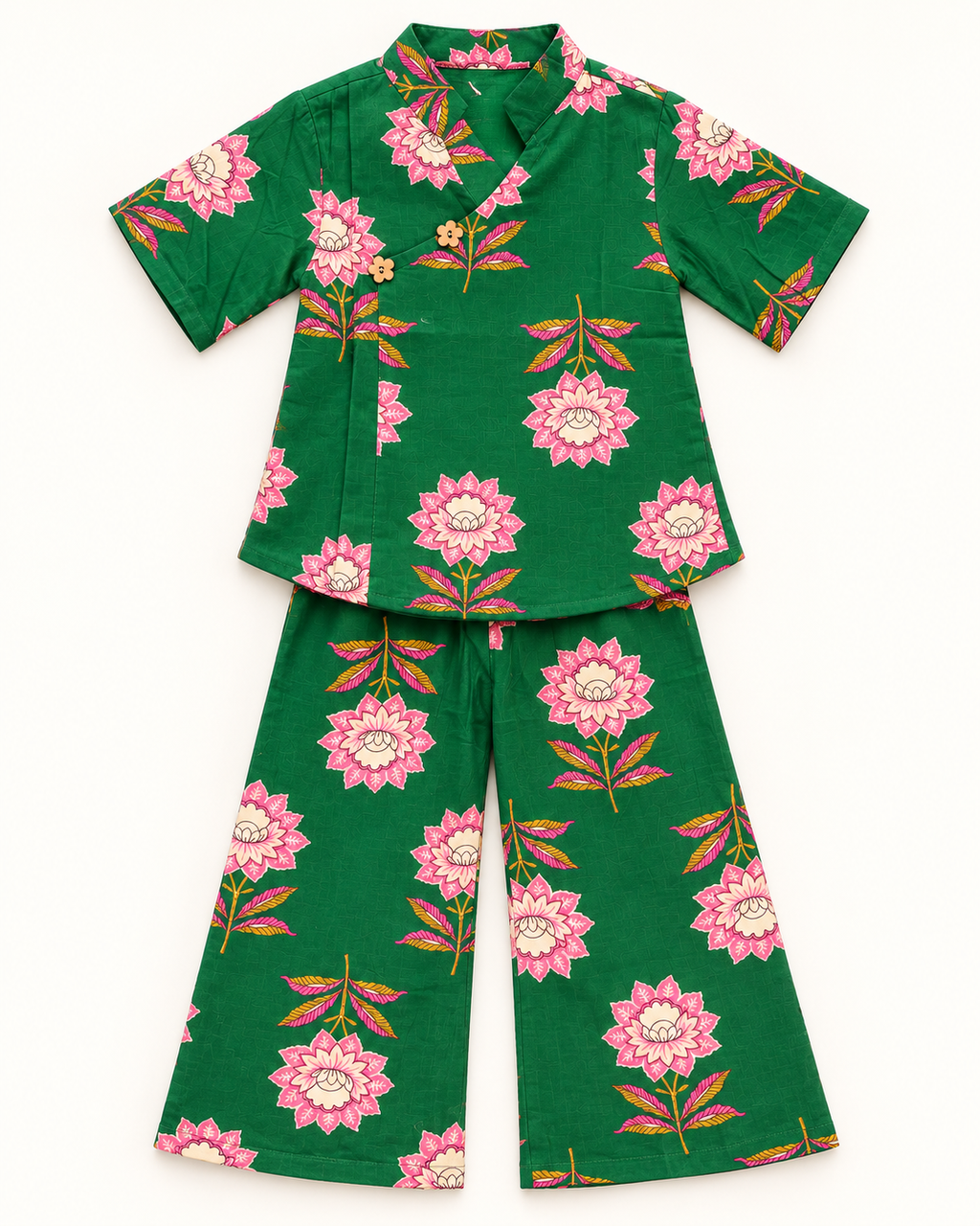 Emerald Green Floral Angrakha Palazzo Set for Girls — front flat lay