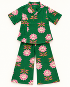 Emerald Green Floral Angrakha Palazzo Set for Girls — front flat lay