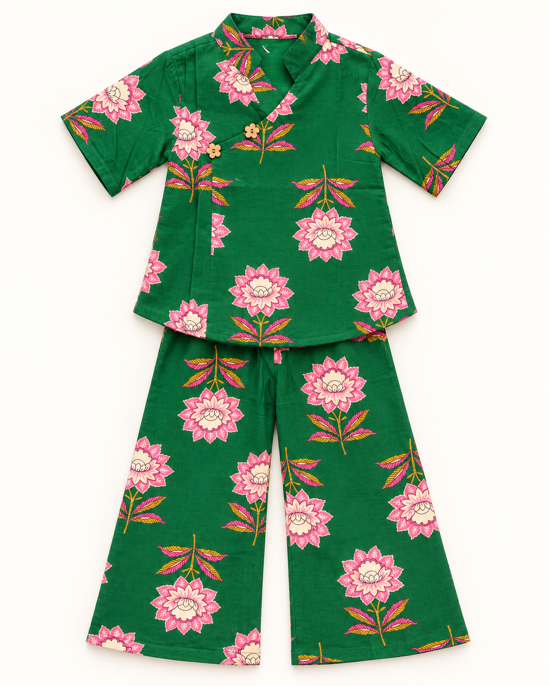 Emerald Green Floral Angrakha Palazzo Set for Girls — front flat lay