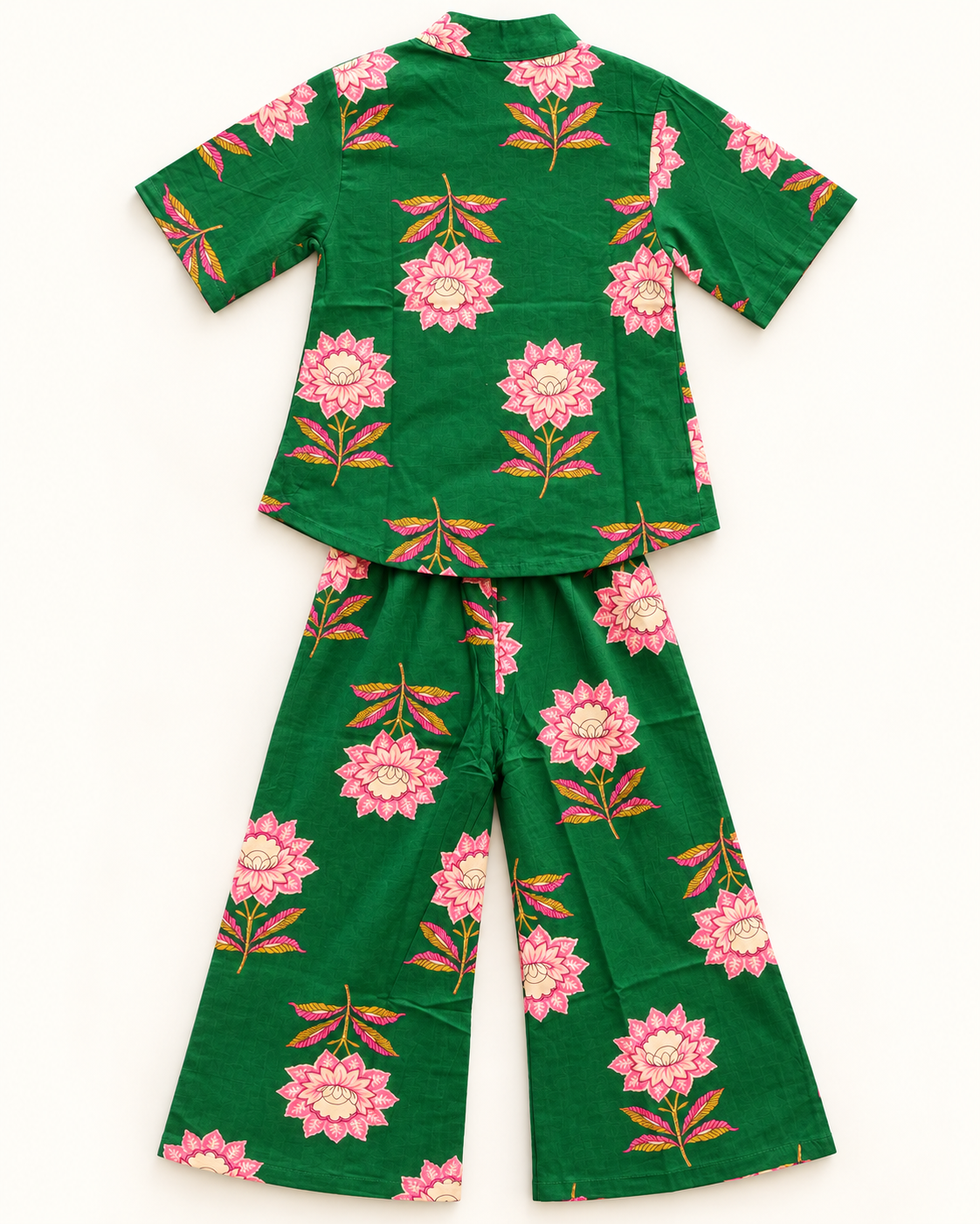 Emerald Green Floral Angrakha Palazzo Set for Girls — back flat lay
