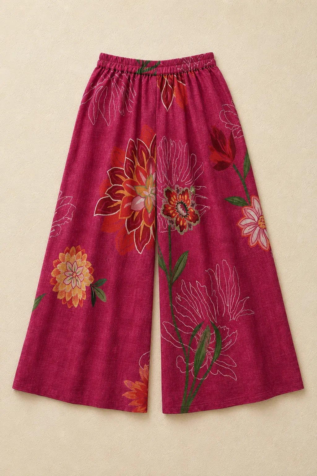 Fuchsia pink floral printed flared palazzo, front view