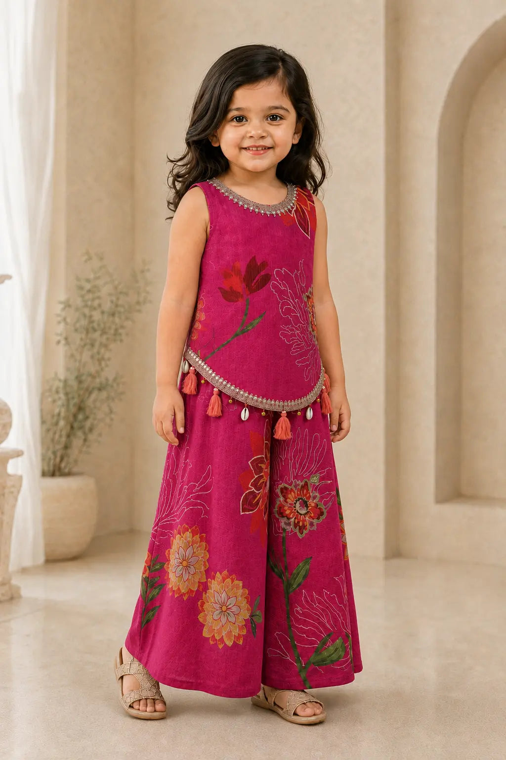 Girl in fuchsia pink floral palazzo set, alternate front view
