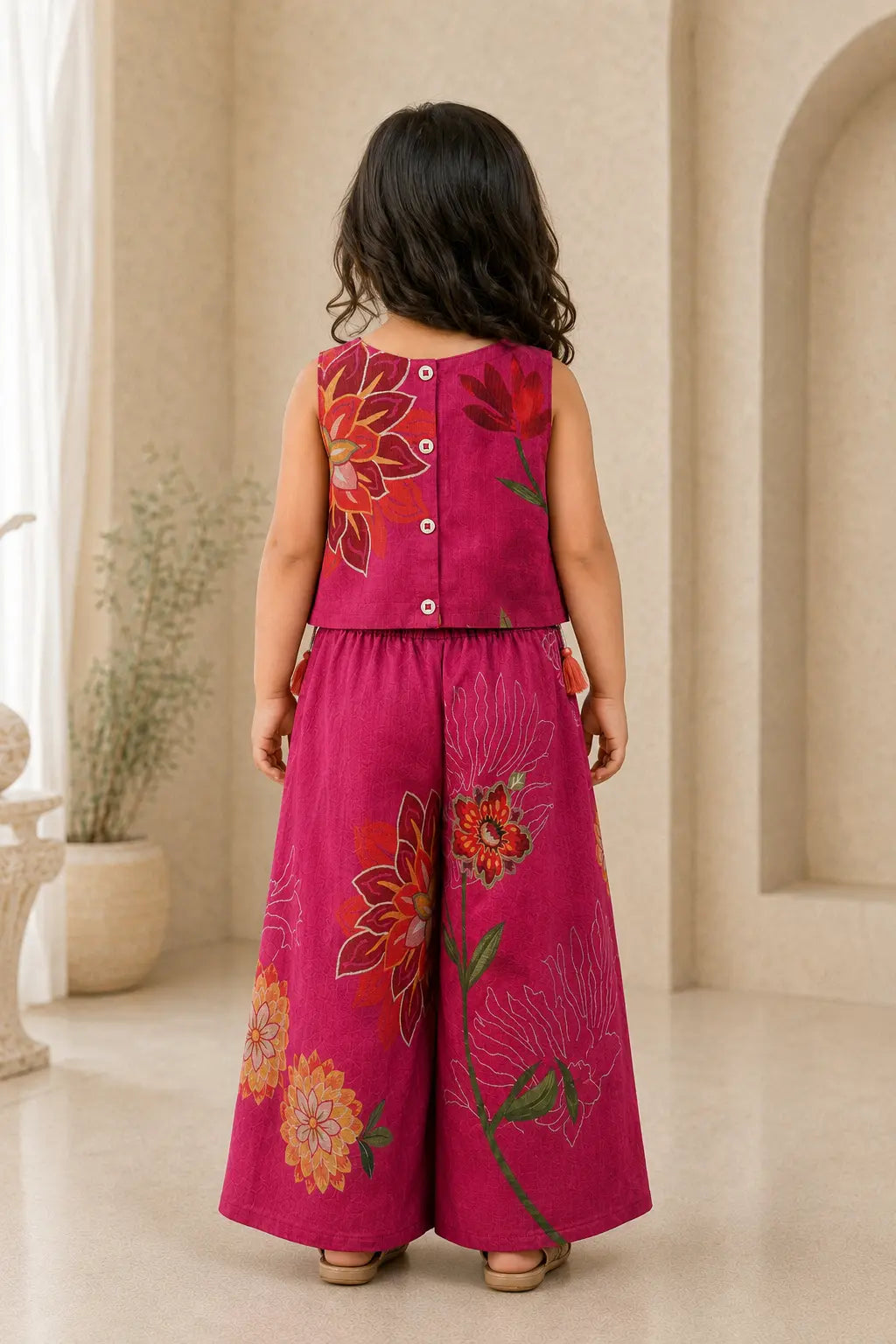 Back view of girl in fuchsia pink floral top and palazzo set