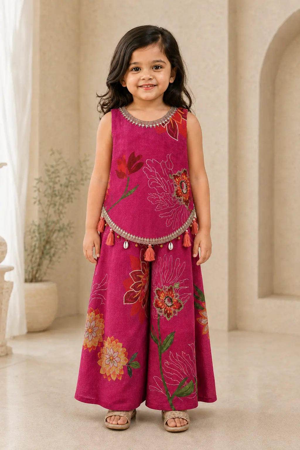 Girl wearing fuchsia pink floral short top and flared palazzo, front view