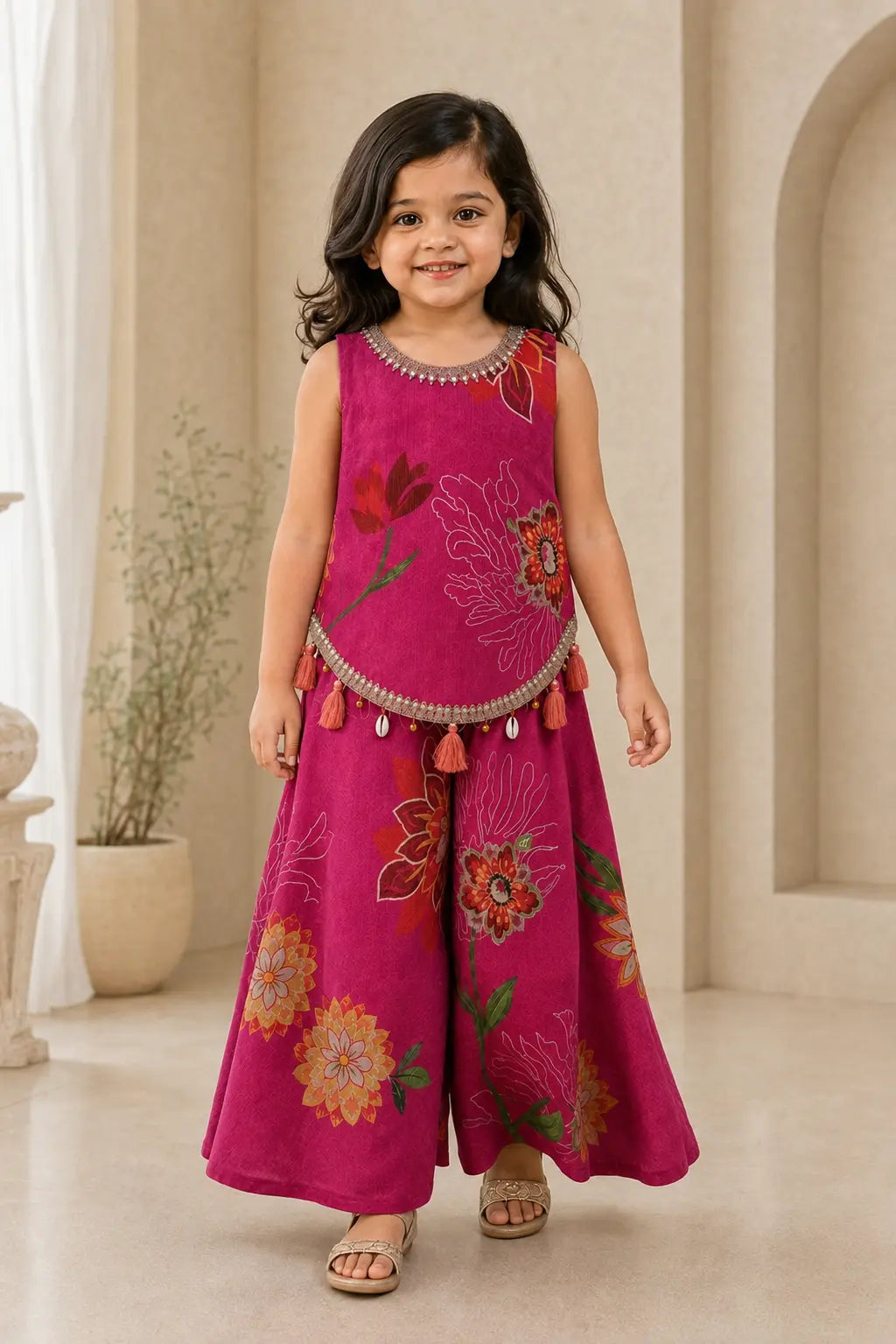 Girl walking in fuchsia pink floral short top and flared palazzo, movement view