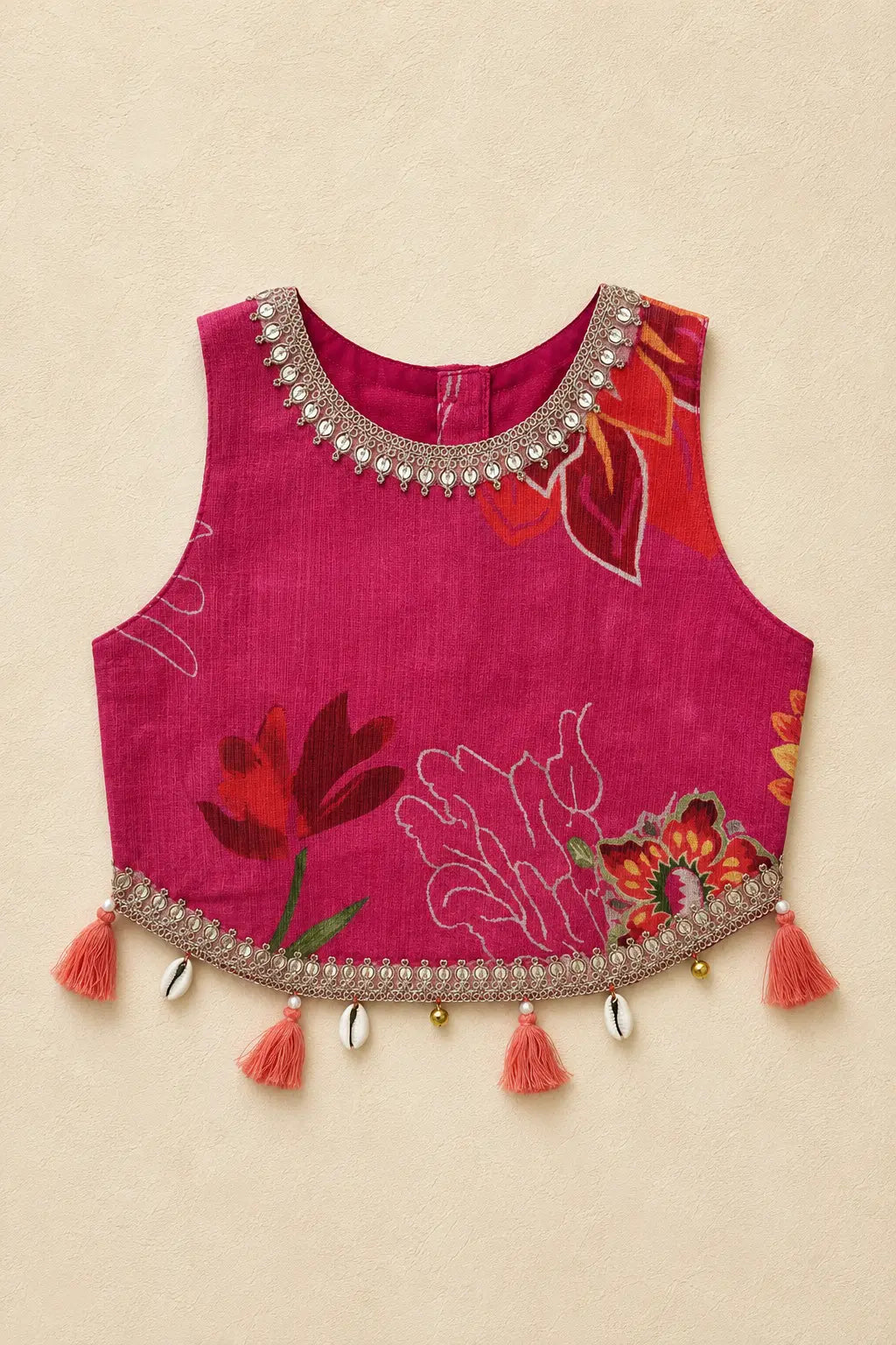 Fuchsia pink floral printed short top with lacing and tassels
