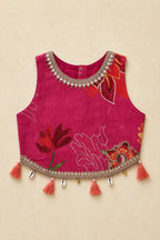 Fuchsia pink floral printed short top with lacing and tassels