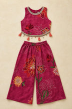 Fuchsia pink floral short top and flared palazzo laid flat