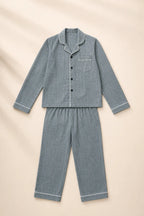 Grey white-piped kids night suit with shirt and trousers