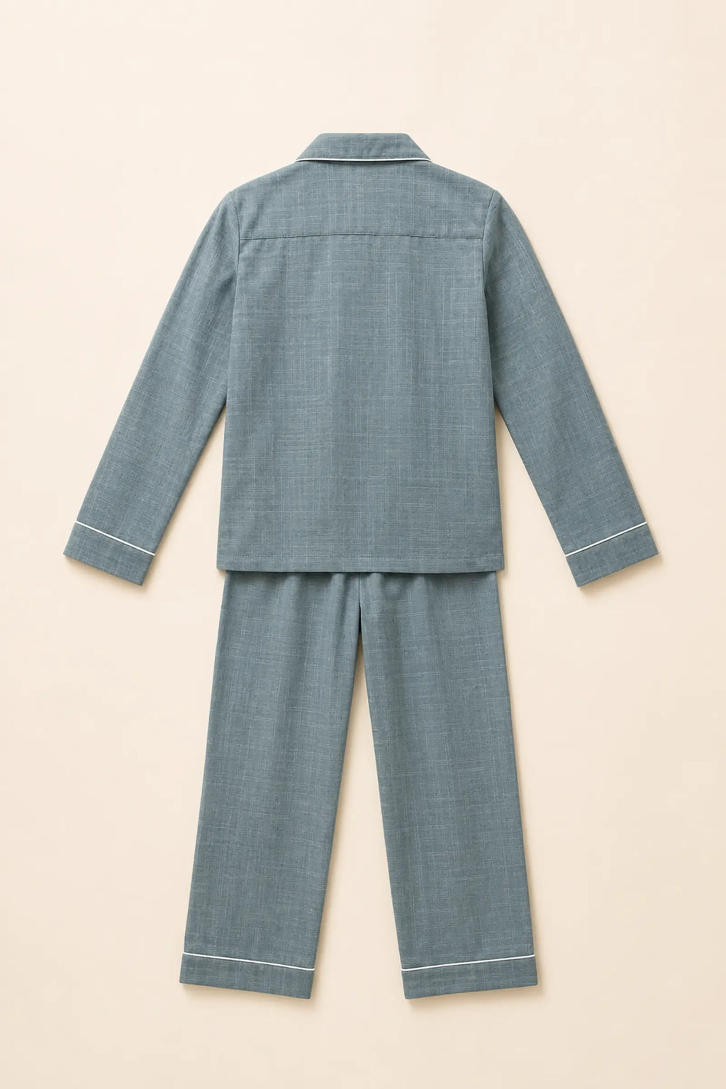 Grey white-piped night suit, back view