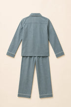 Grey white-piped night suit, back view