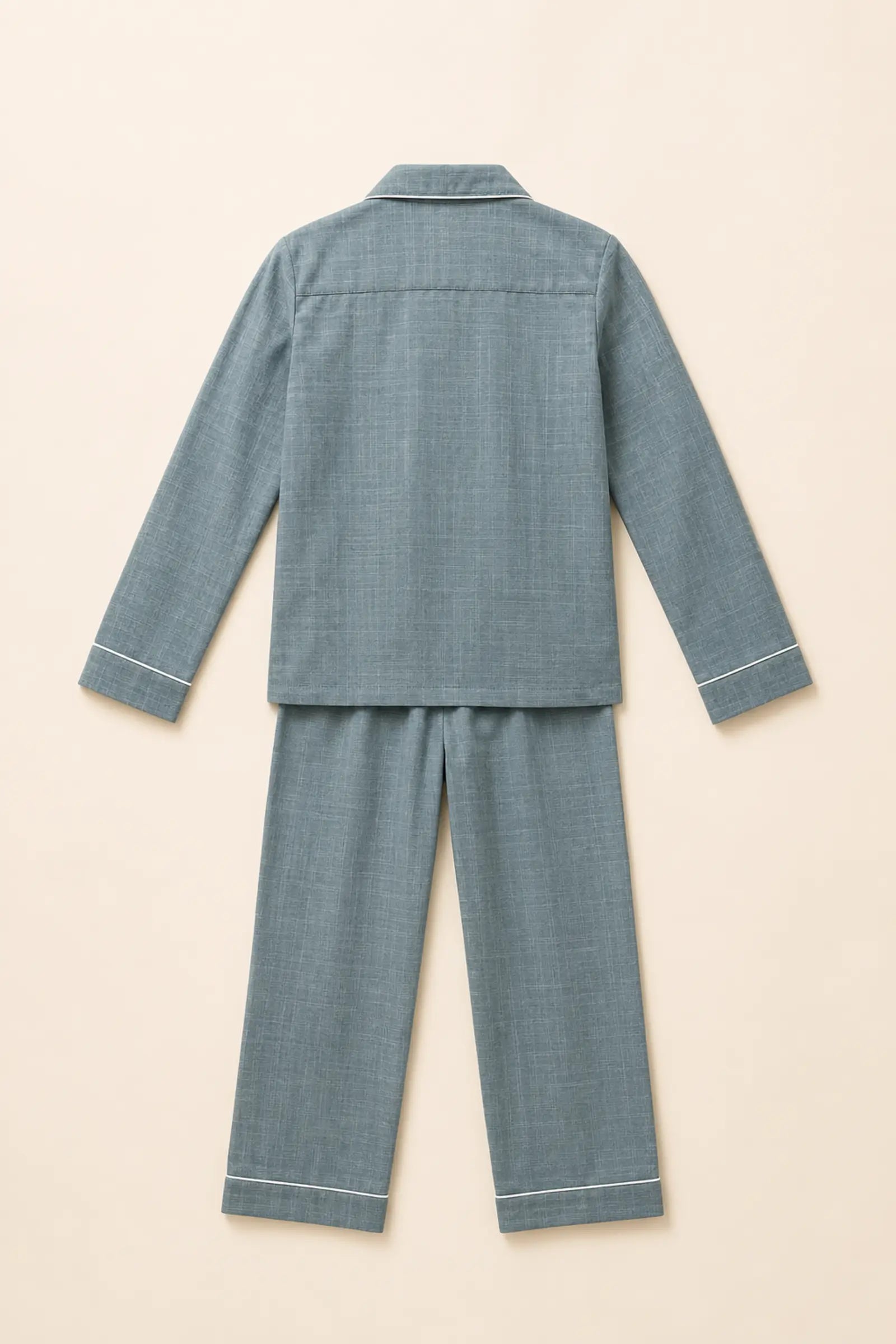 Grey white-piped night suit, back view