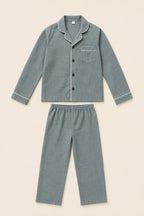 Grey button-front night suit shirt with white piping