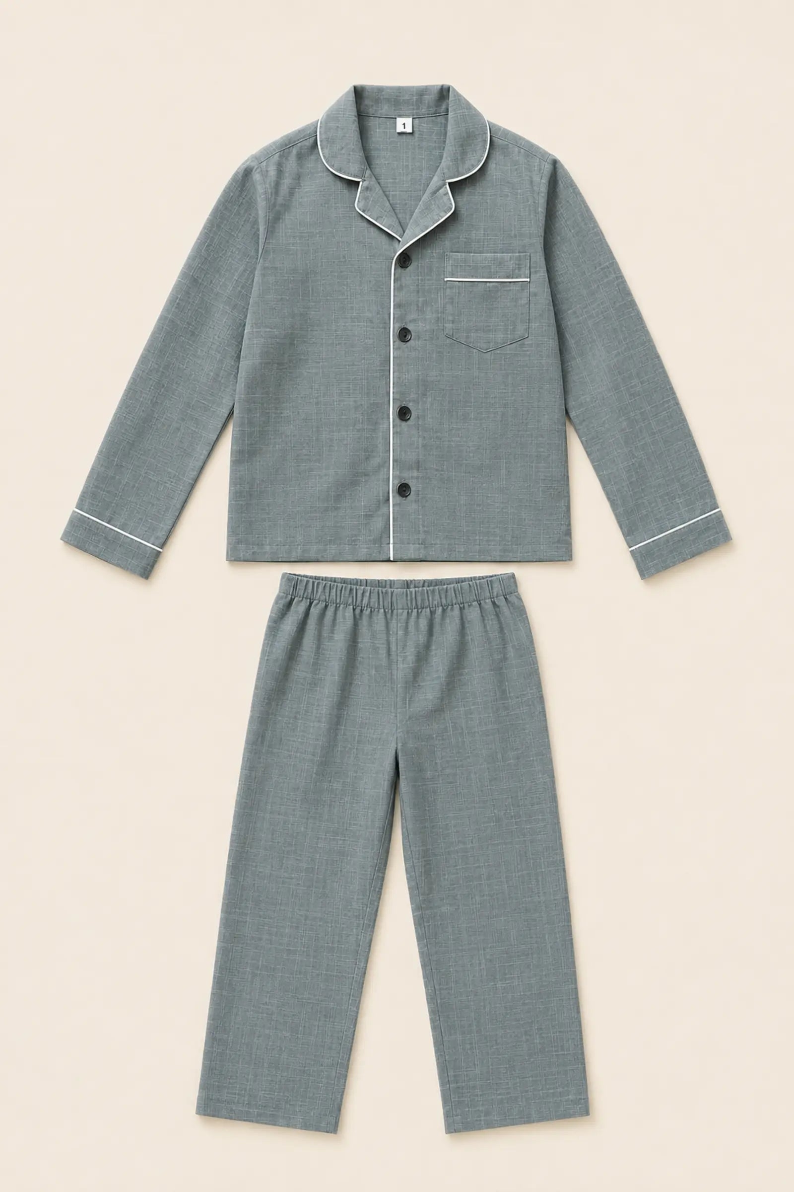 Grey button-front night suit shirt with white piping