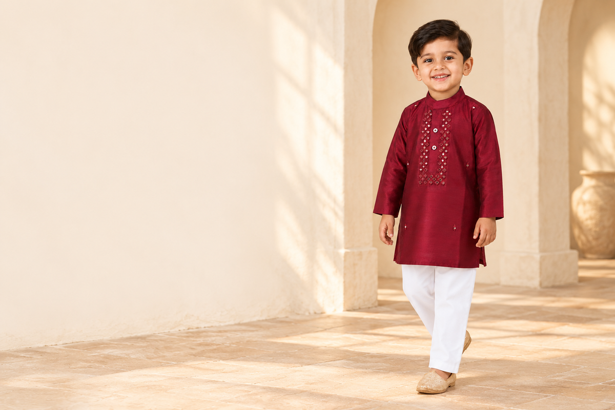 Boy wearing ruby red embellished kurta and white trousers