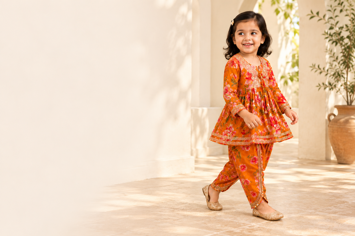 Girl wearing orange floral peplum dhoti set
