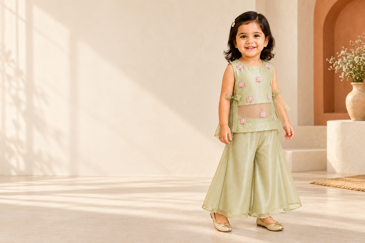 Girl wearing the complete light olive lotus palazzo set