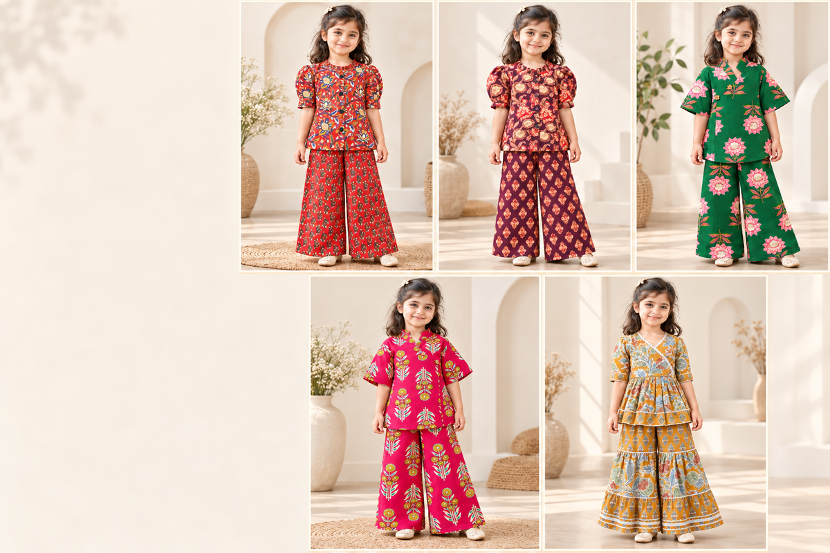 Five new floral girls outfits: red, plum, emerald, rani pink and mustard