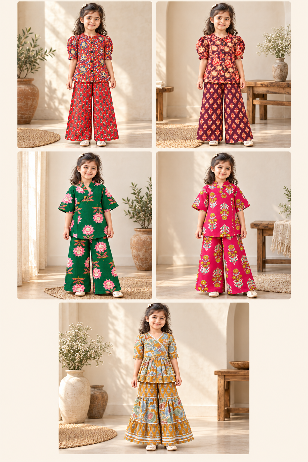 Five new floral girls outfits: red, plum, emerald, rani pink and mustard