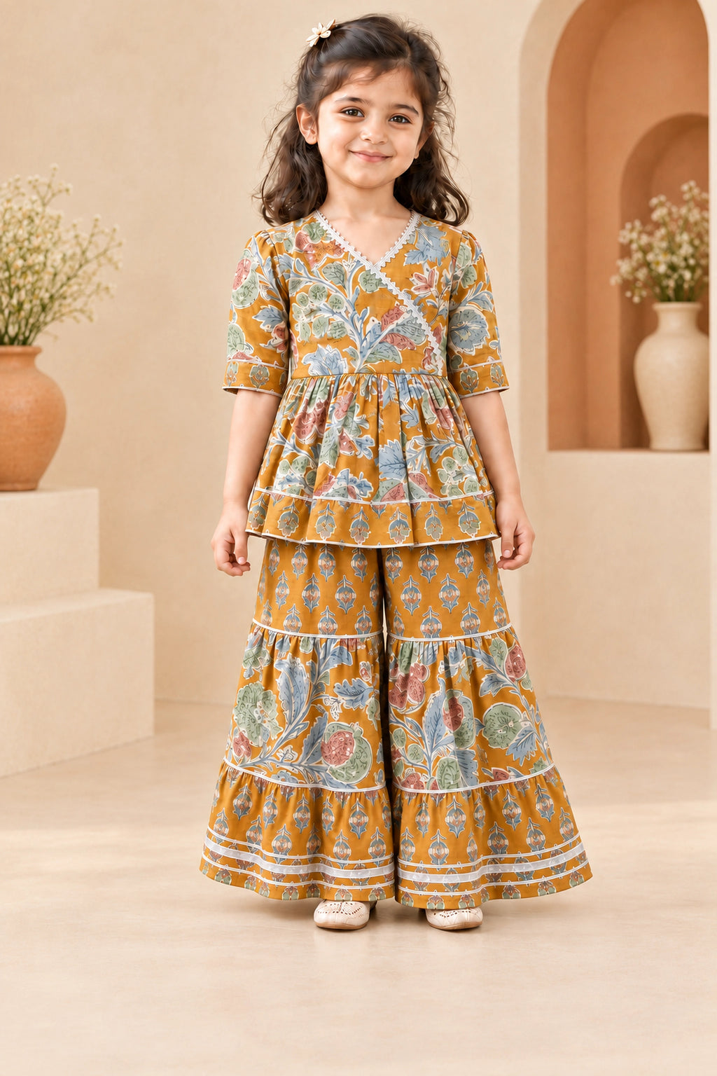 Mustard Floral Peplum Sharara Set for Girls — front hero