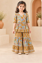 Mustard Floral Peplum Sharara Set for Girls — front hero