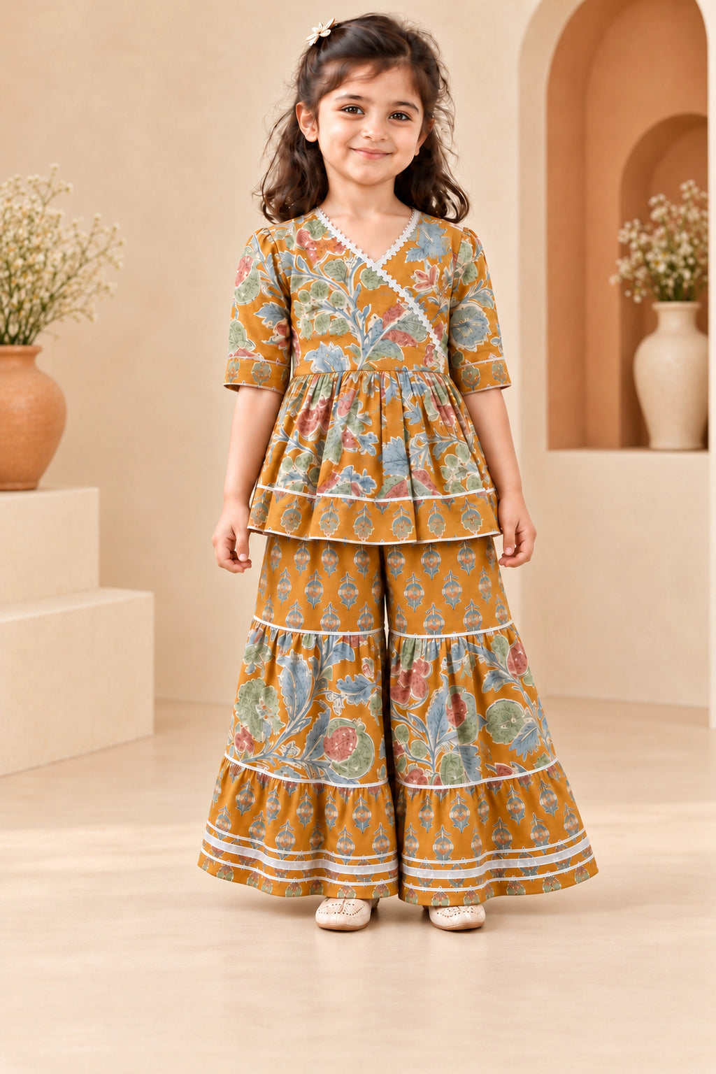 Mustard Floral Peplum Sharara Set for Girls — straight front view