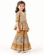 Mustard Floral Peplum Sharara Set for Girls — three-quarter view