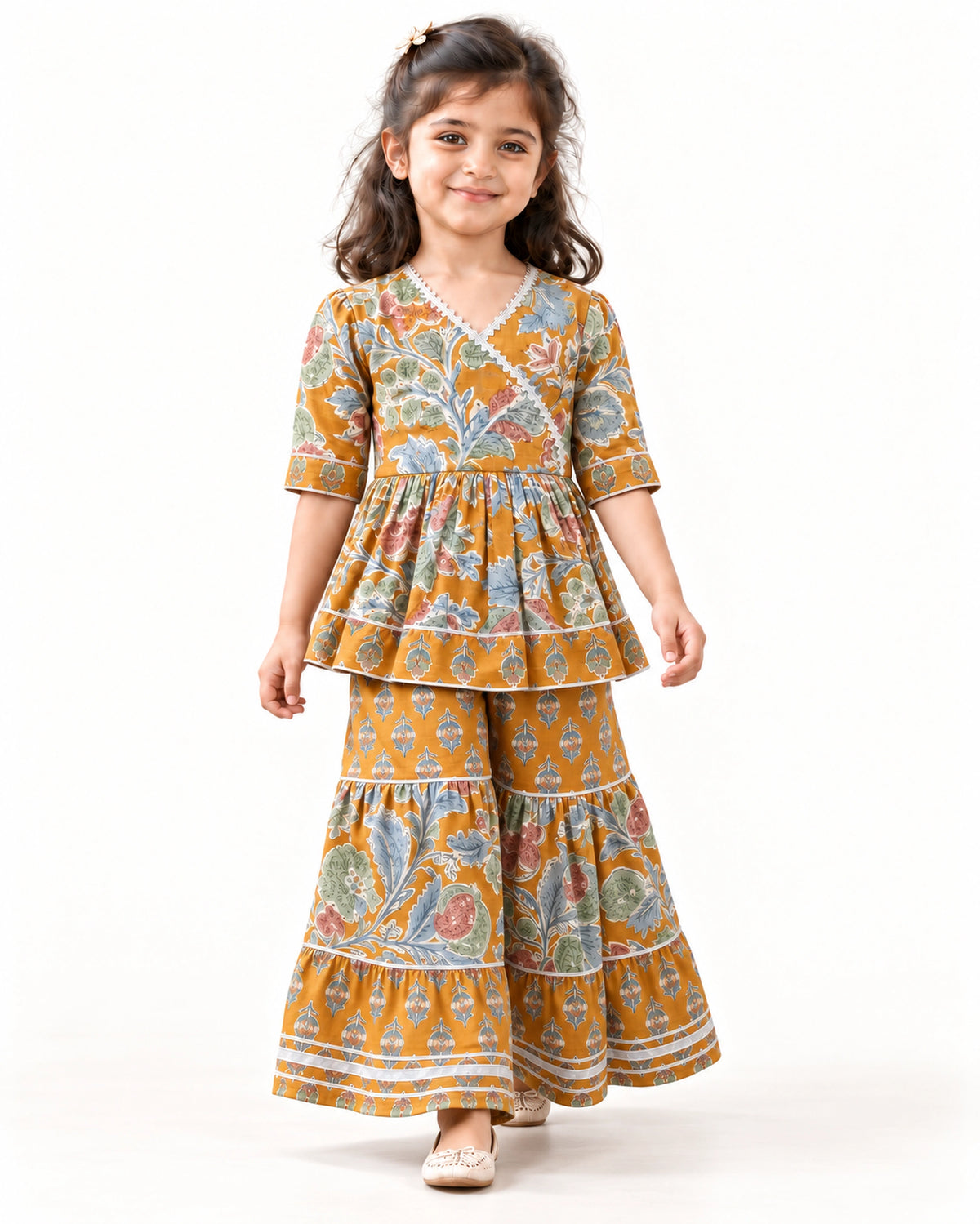 Mustard Floral Peplum Sharara Set for Girls — walking view