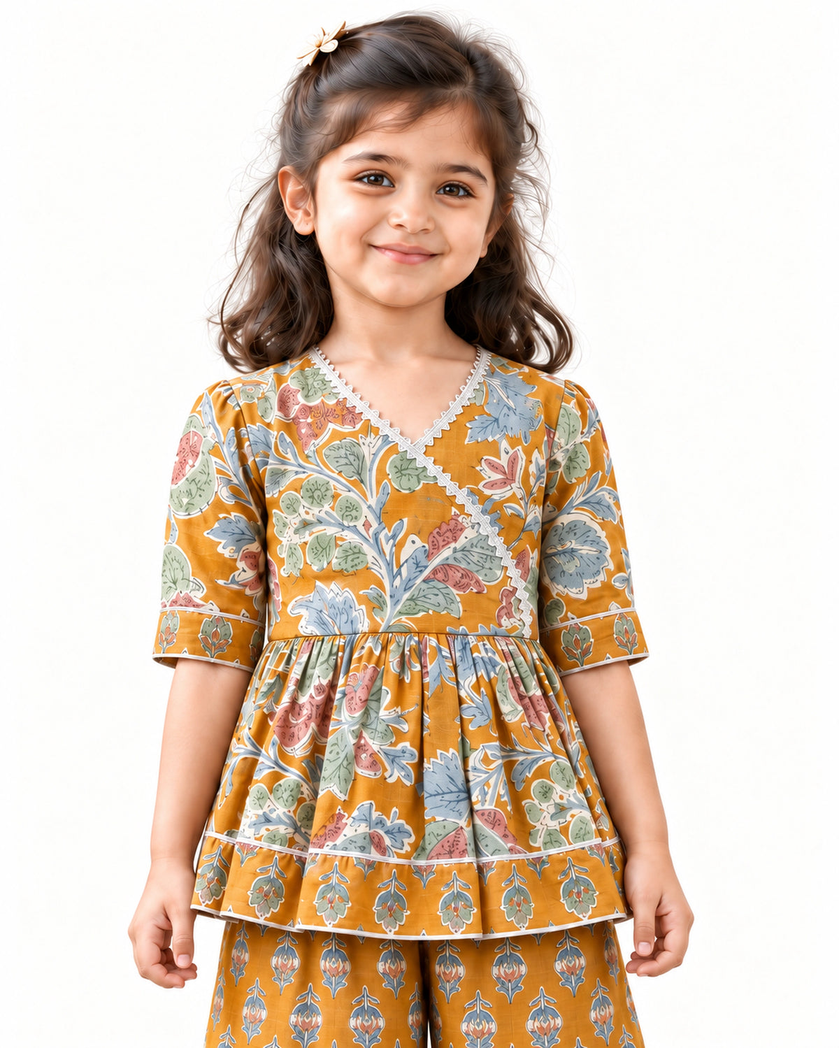 Mustard Floral Peplum Sharara Set for Girls — wrap neckline and peplum detail