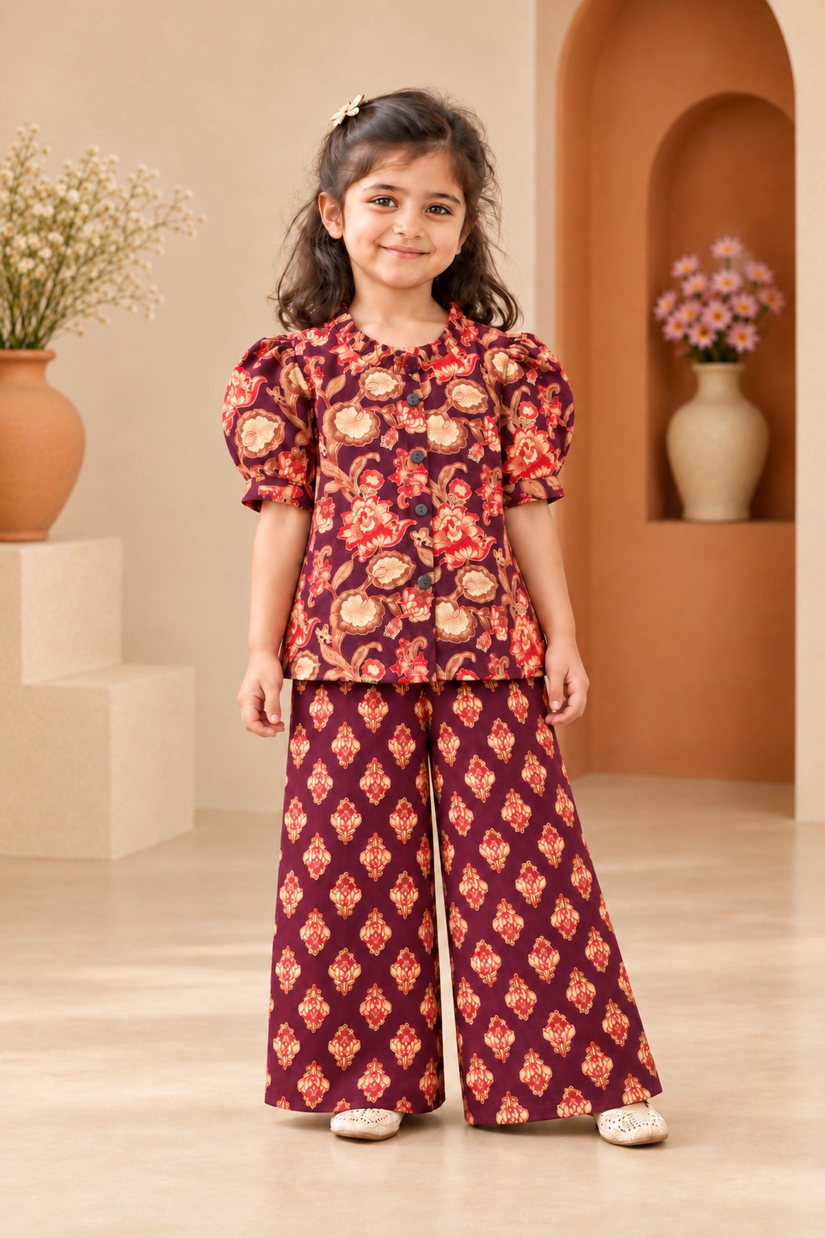 Plum Floral Puff-Sleeve Palazzo Set for Girls — straight front view