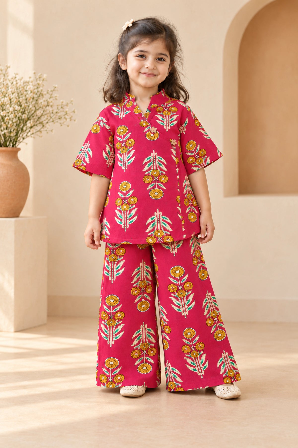 Rani Pink Floral Angrakha Palazzo Set for Girls — front hero