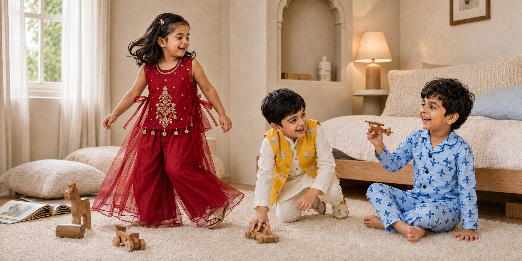 Three children in Ruby Red ethnic wear, yellow Nehru jacket set and blue aeroplane nightwear playing in a premium room