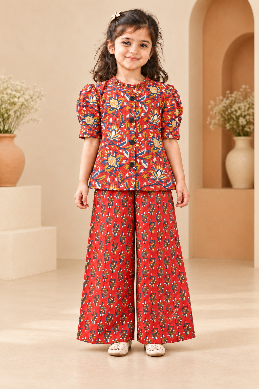 Red Floral Puff-Sleeve Palazzo Set for Girls — front hero