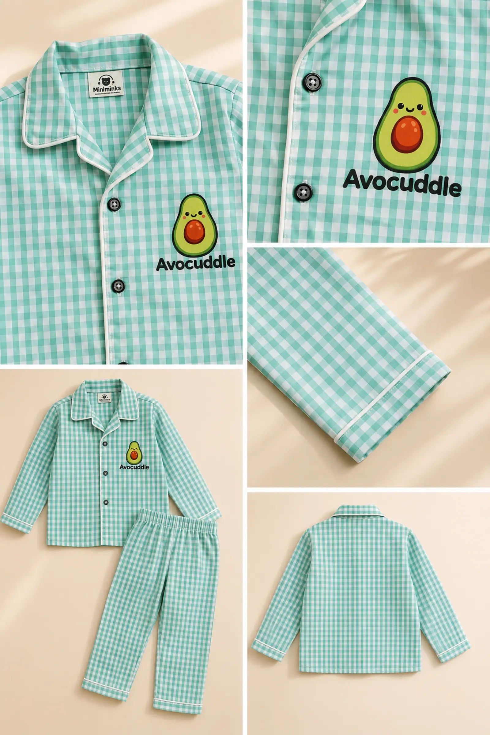 Close-up of Avocuddle artwork, piping and gingham fabric
