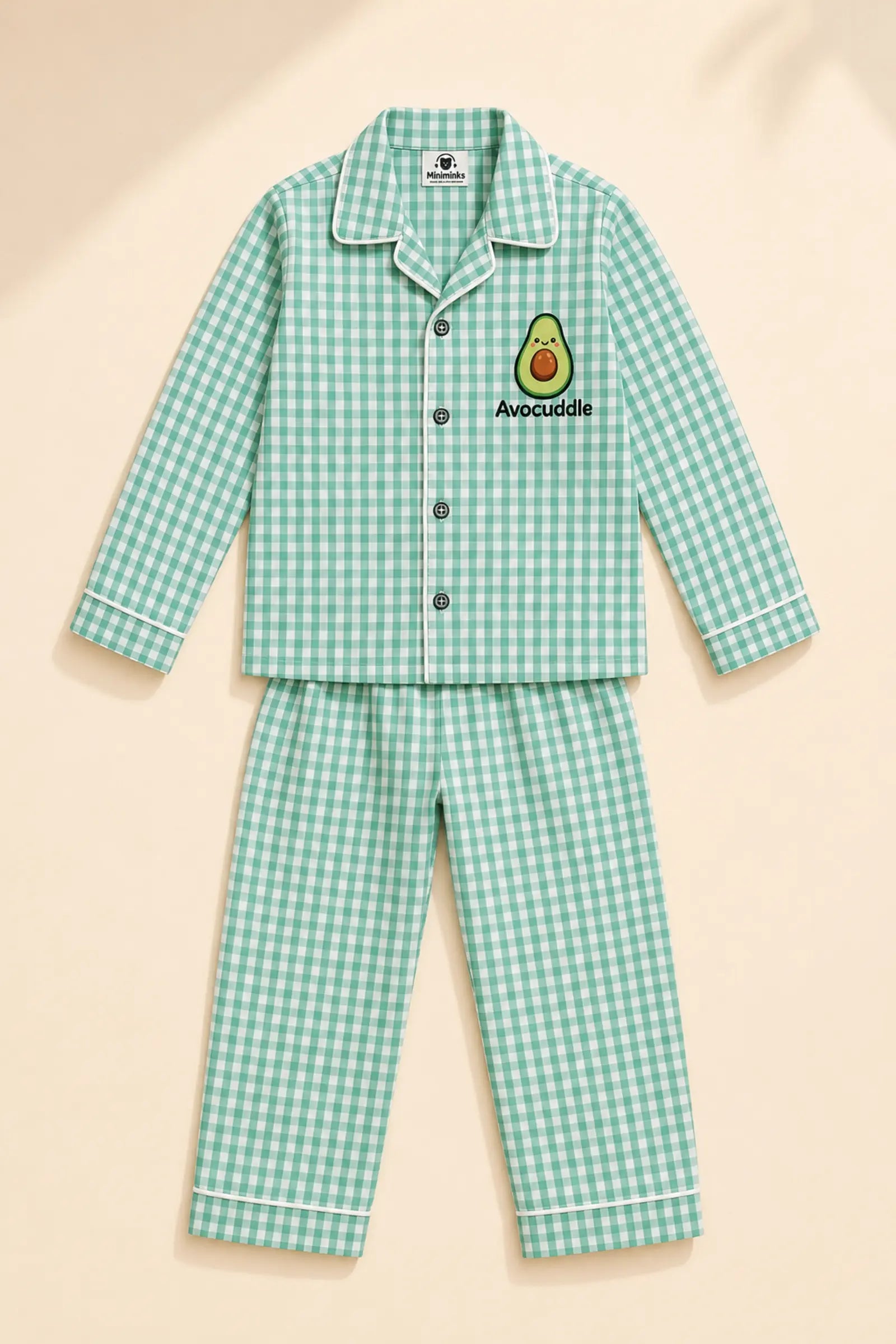 Mint gingham Avocuddle night suit shirt, front view