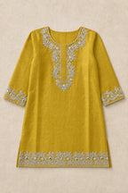 Mustard soft silk girls kurta with mirror and gota work, front view